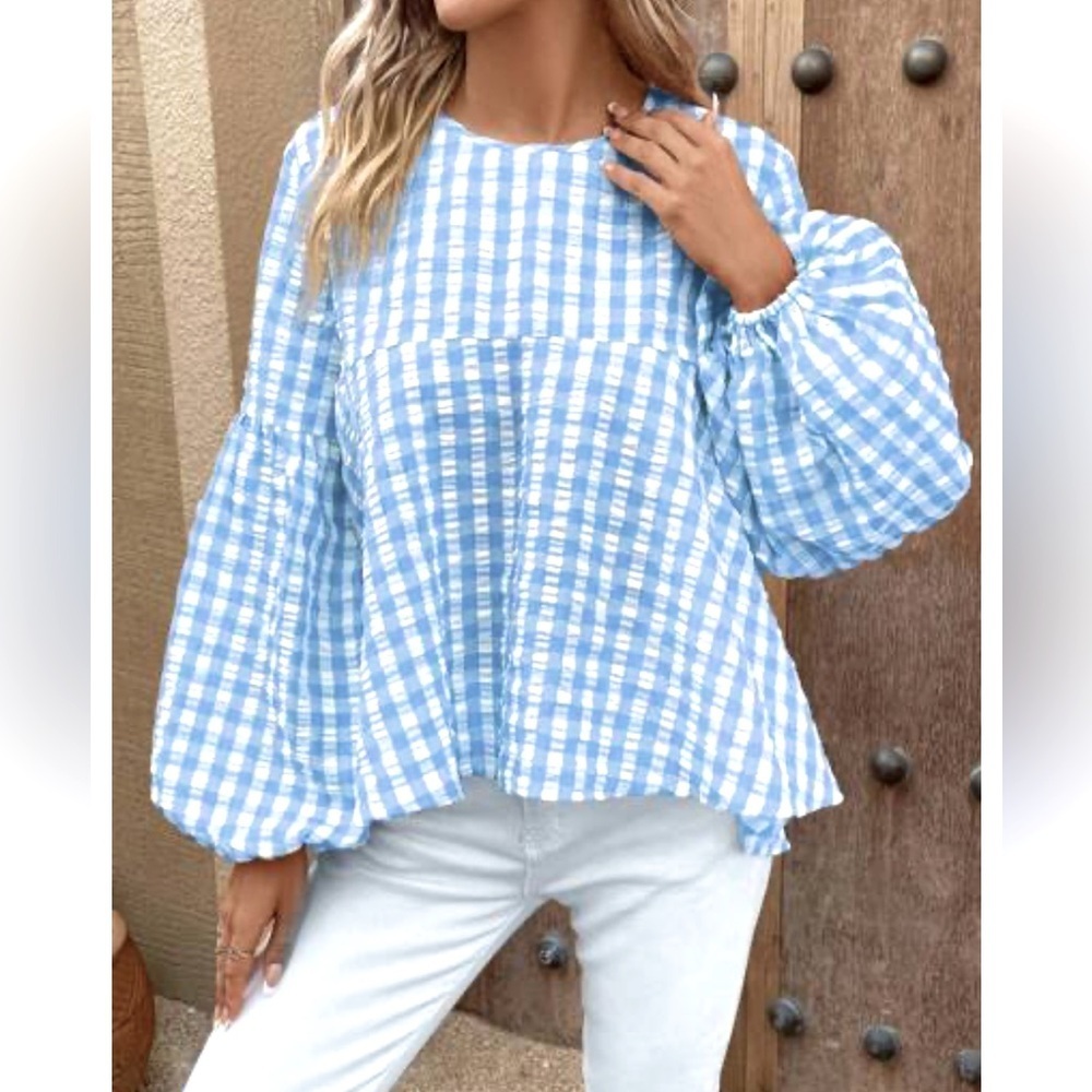 SHEIN, LUNE,Gingham Print Lantern Sleeve Peplum Blouse,Relaxed Fit,EUC, Size 4/S